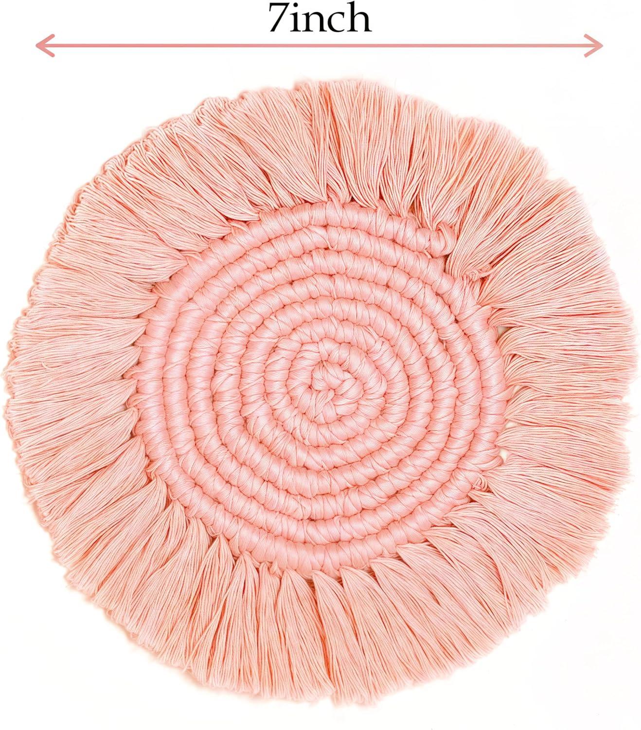 2 Posavasos Bohemios de Macramé para Bebidas, Posavasos Absorbentes con Borla, Posavasos Redondos de Algodón Hechos a Mano de 7 Pulgadas para Mesa de Escritorio, Cocina, Oficina, Hogar, Bar, Protección de Mesa, Regalo de Inauguración de la Casa, Rosa