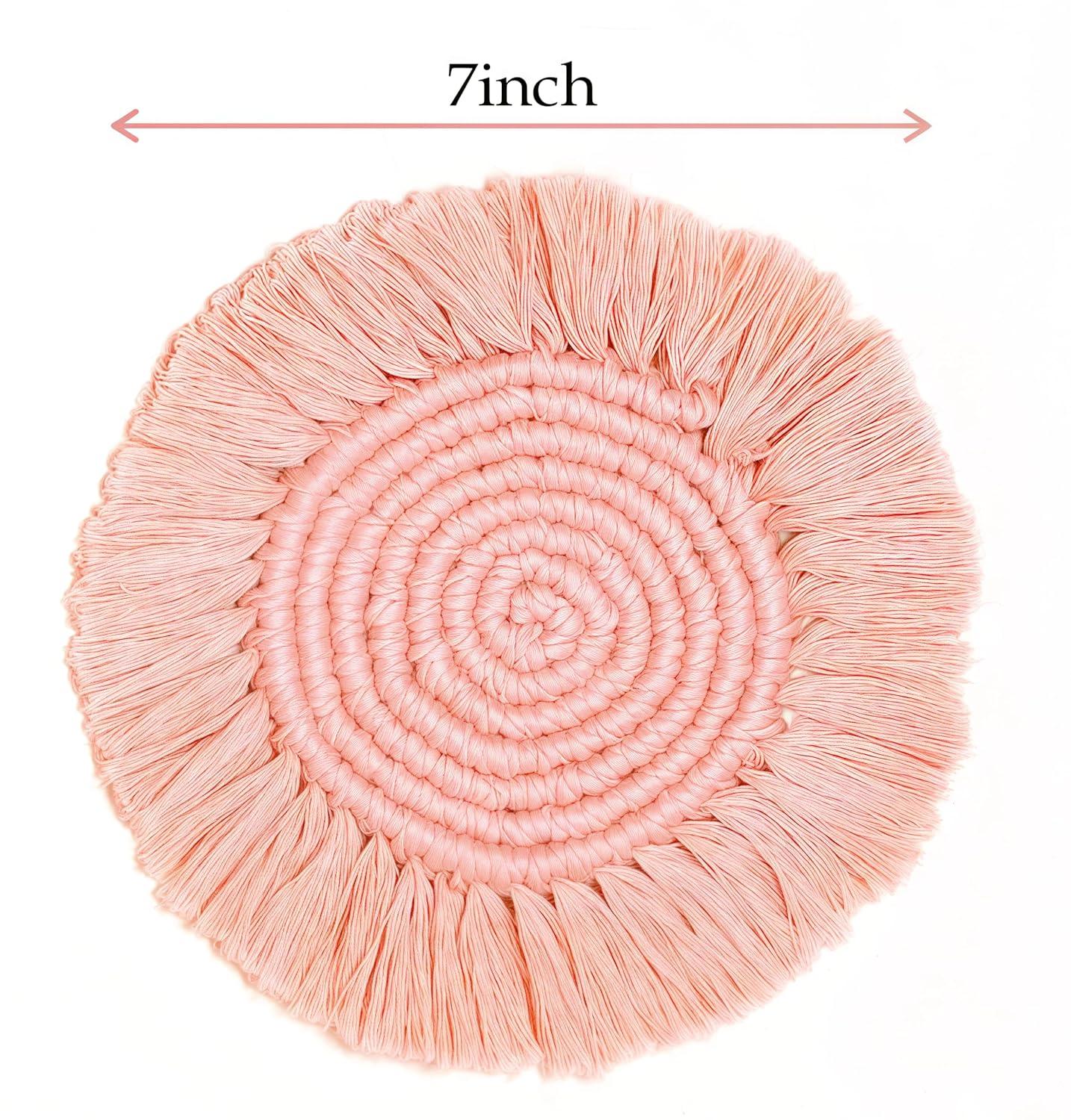 2 Posavasos Bohemios de Macramé para Bebidas, Posavasos Absorbentes con Borla, Posavasos Redondos de Algodón Hechos a Mano de 7 Pulgadas para Mesa de Escritorio, Cocina, Oficina, Hogar, Bar, Protección de Mesa, Regalo de Inauguración de la Casa, Rosa