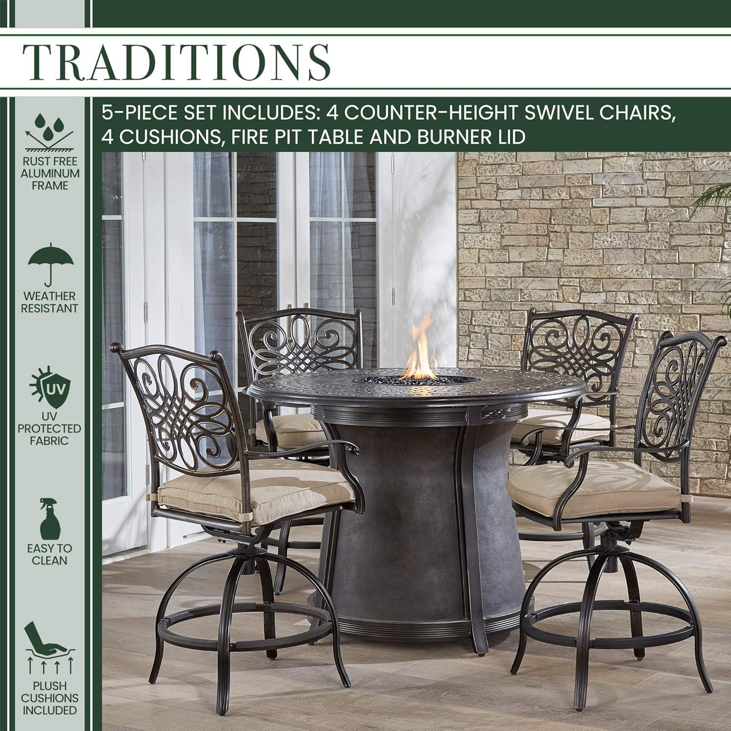 Hanover Traditions 5-Piece High-Dining Set in Tan with 4 Swivel Chairs and a 40,000 BTU Cast-top Fire Pit Table