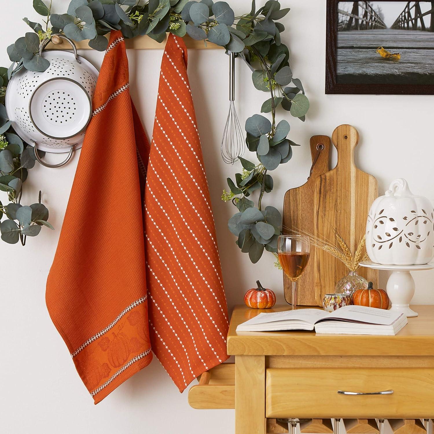 Burnt Orange Cotton Embellished Dishtowel Set, 18x28, 3 Piece