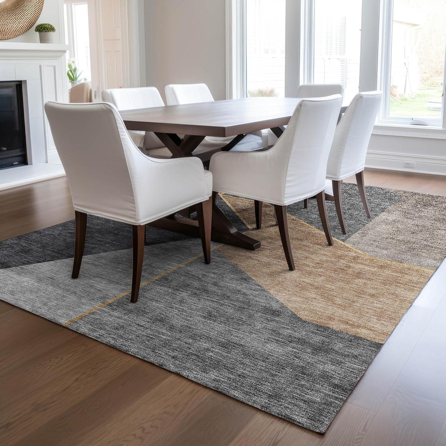 Charcoal and Beige Synthetic Rectangular Washable Area Rug