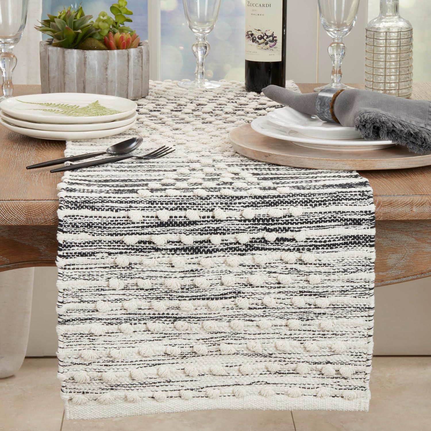 Gray Cotton Woven Stripe Diamond Table Runner