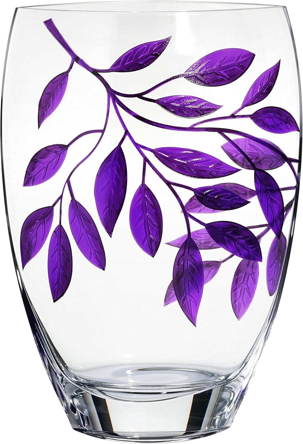 Large Clear Glass Vase with Purple Leaves Design