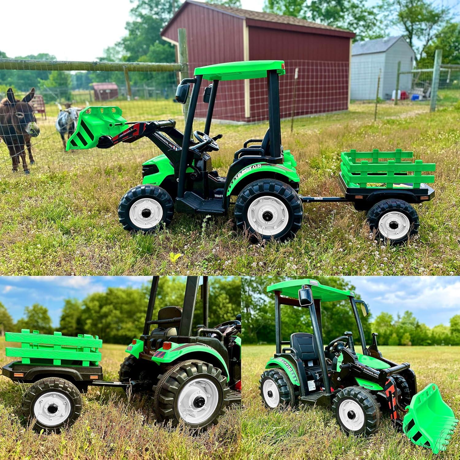 24V Green Ride-On Tractor with Trailer and Loader