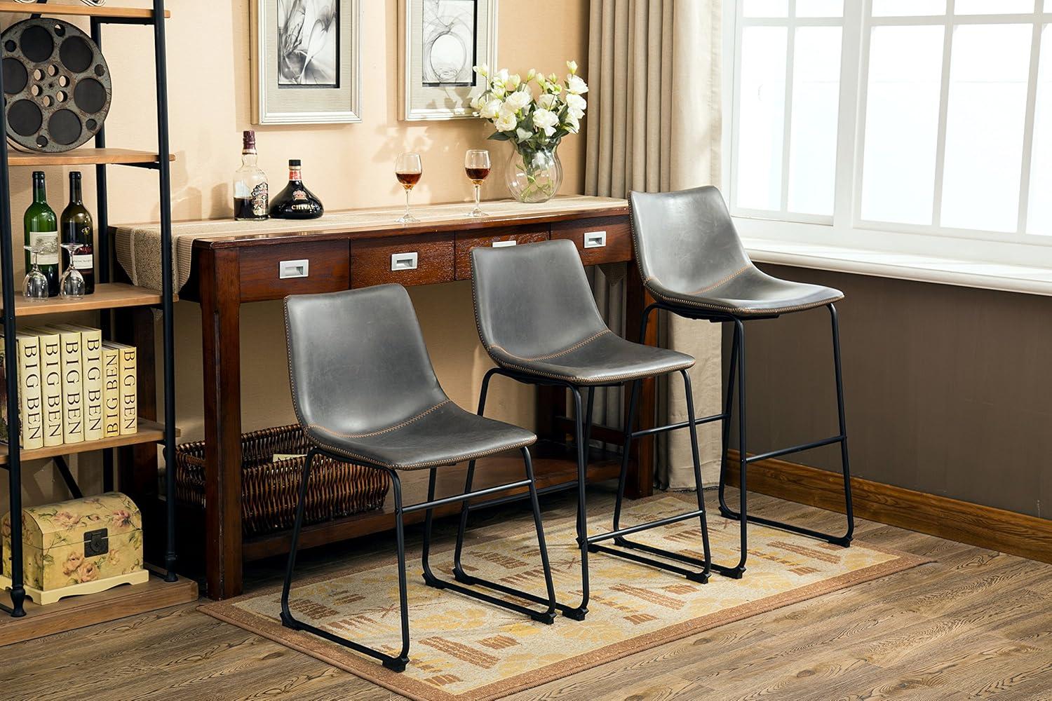 Roundhill Furniture Lotusville Vintage PU Leather Counter Height Stools, Antique Gray, Set of 2