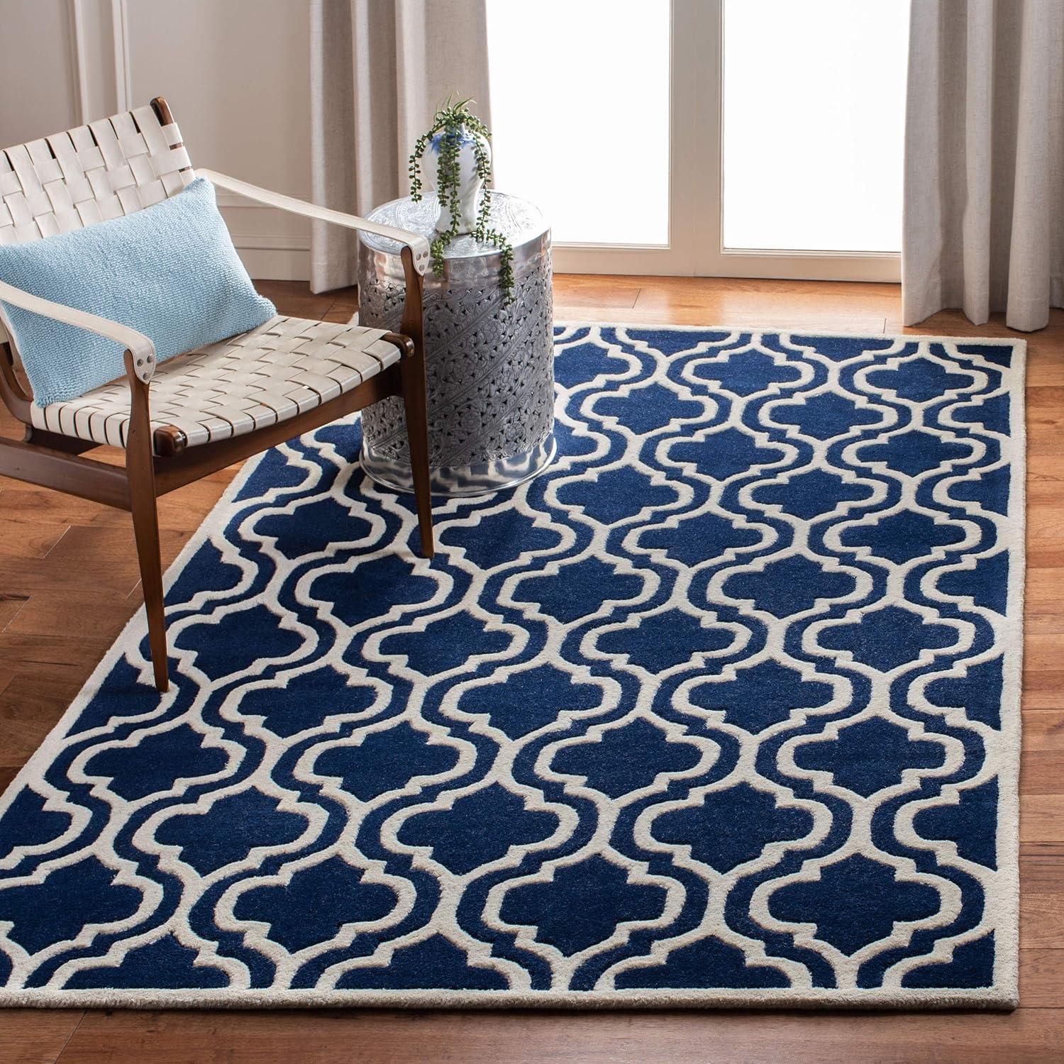 Hand-Tufted Dark Blue and Ivory Wool 8' x 10' Area Rug