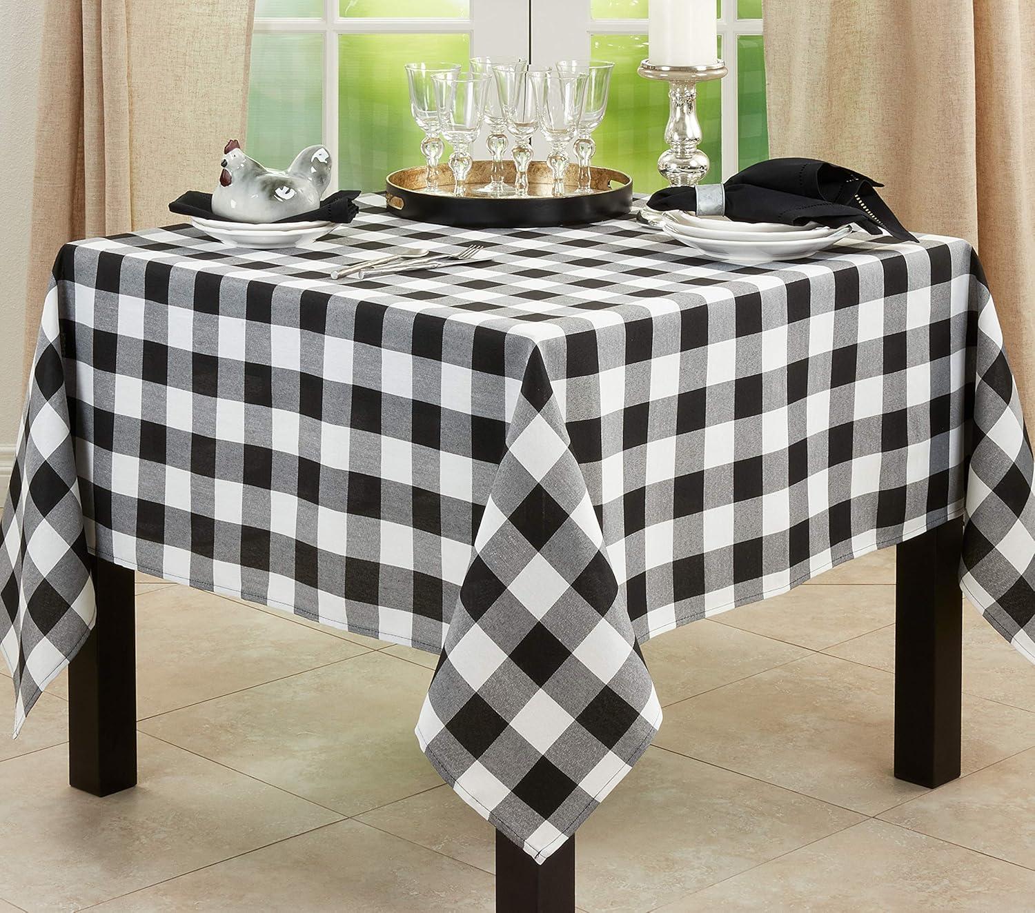 Black and White Buffalo Plaid Cotton Blend Square Tablecloth