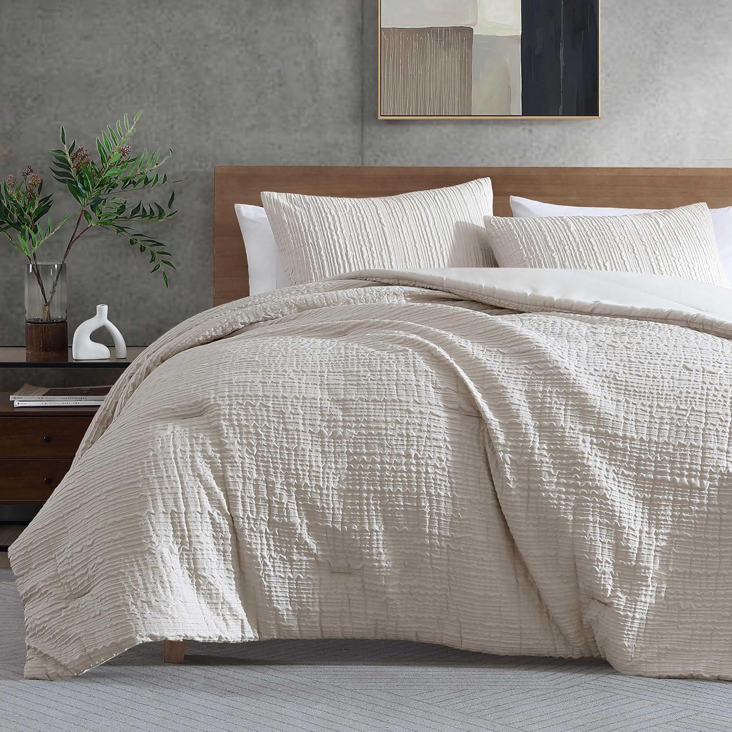 Beige Twin Modern Embossed Duvet Cover Set with Shams