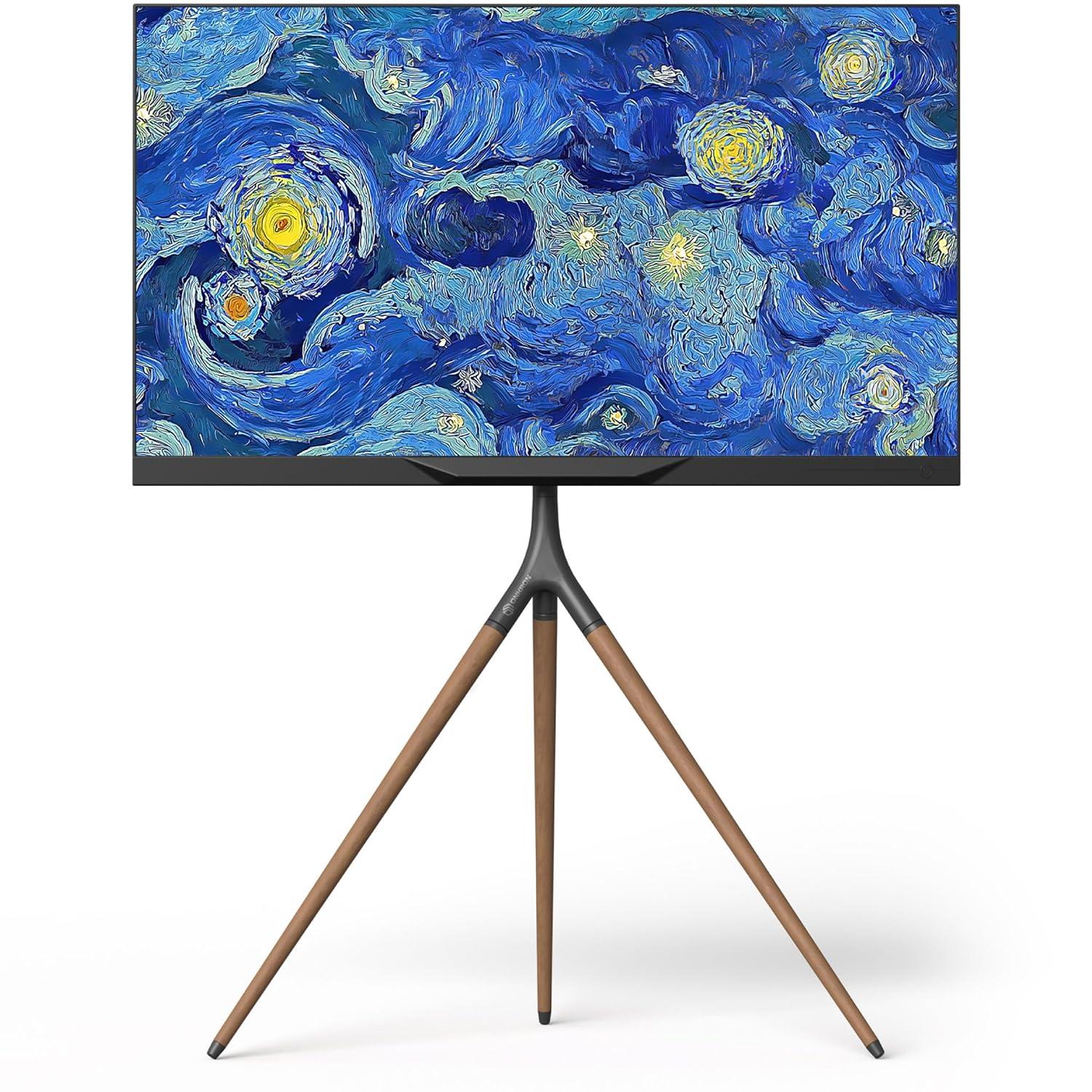 ONKRON Tripod TV Stand Wood for TVs up to 65" and 77 lbs, Swivel Floor Corner TV Stand Adjustable