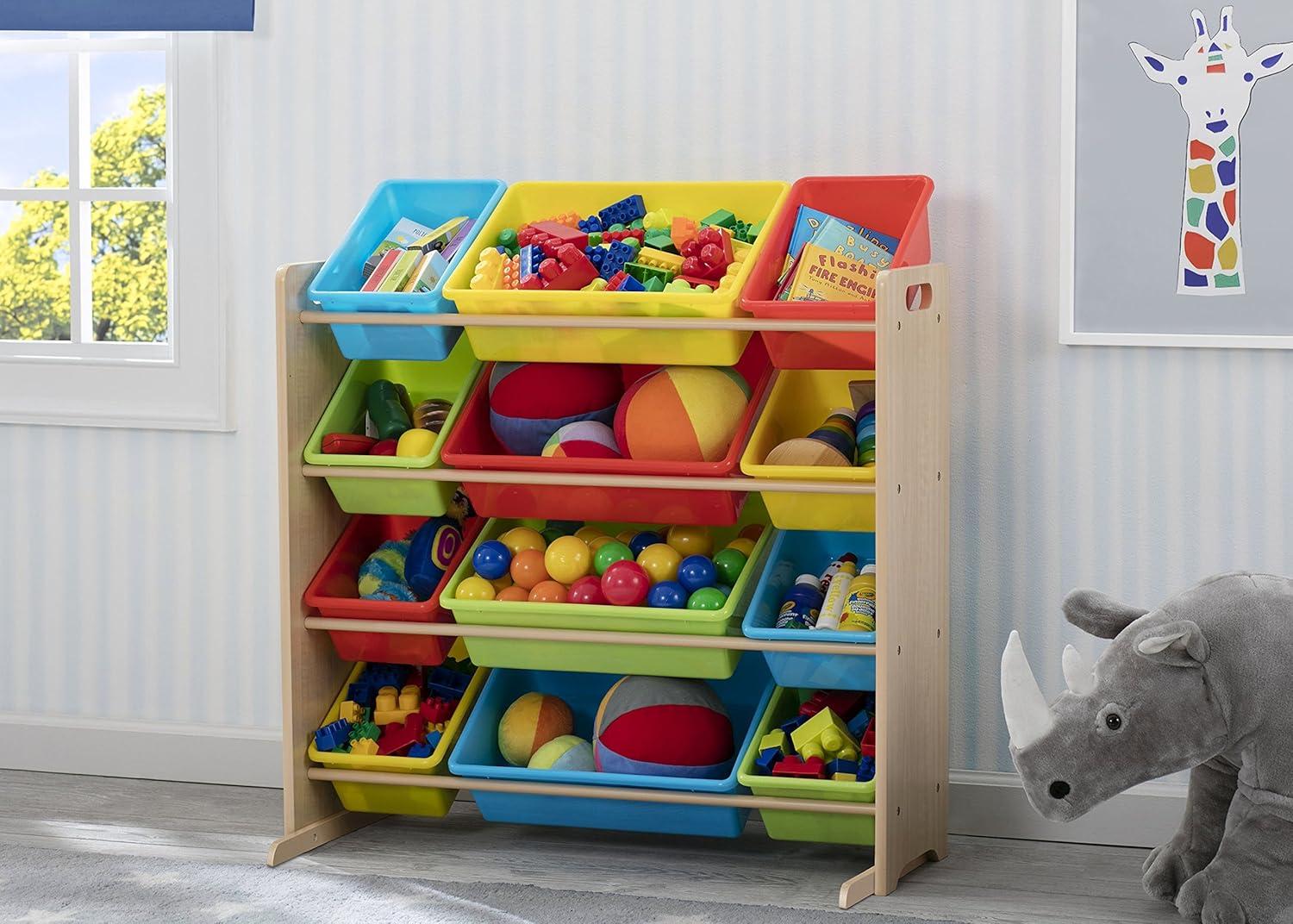 Natural Wood Kids Storage Organizer with Primary Color Bins