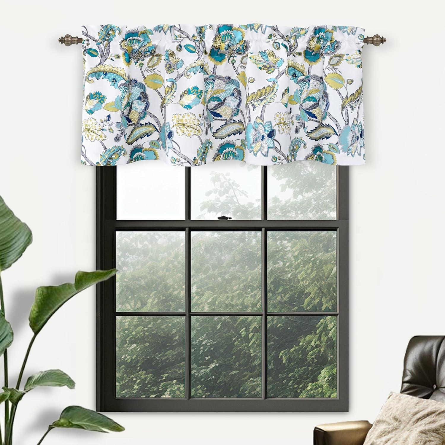 DriftAway Layla Room Darkening Valance for Kitchen Classic America Style Floral Leaves 18 Inch Length Valance for Living Room Bedroom Rod Pocket Window Treatment 52x18 White Seafoam Gray 2 Pack