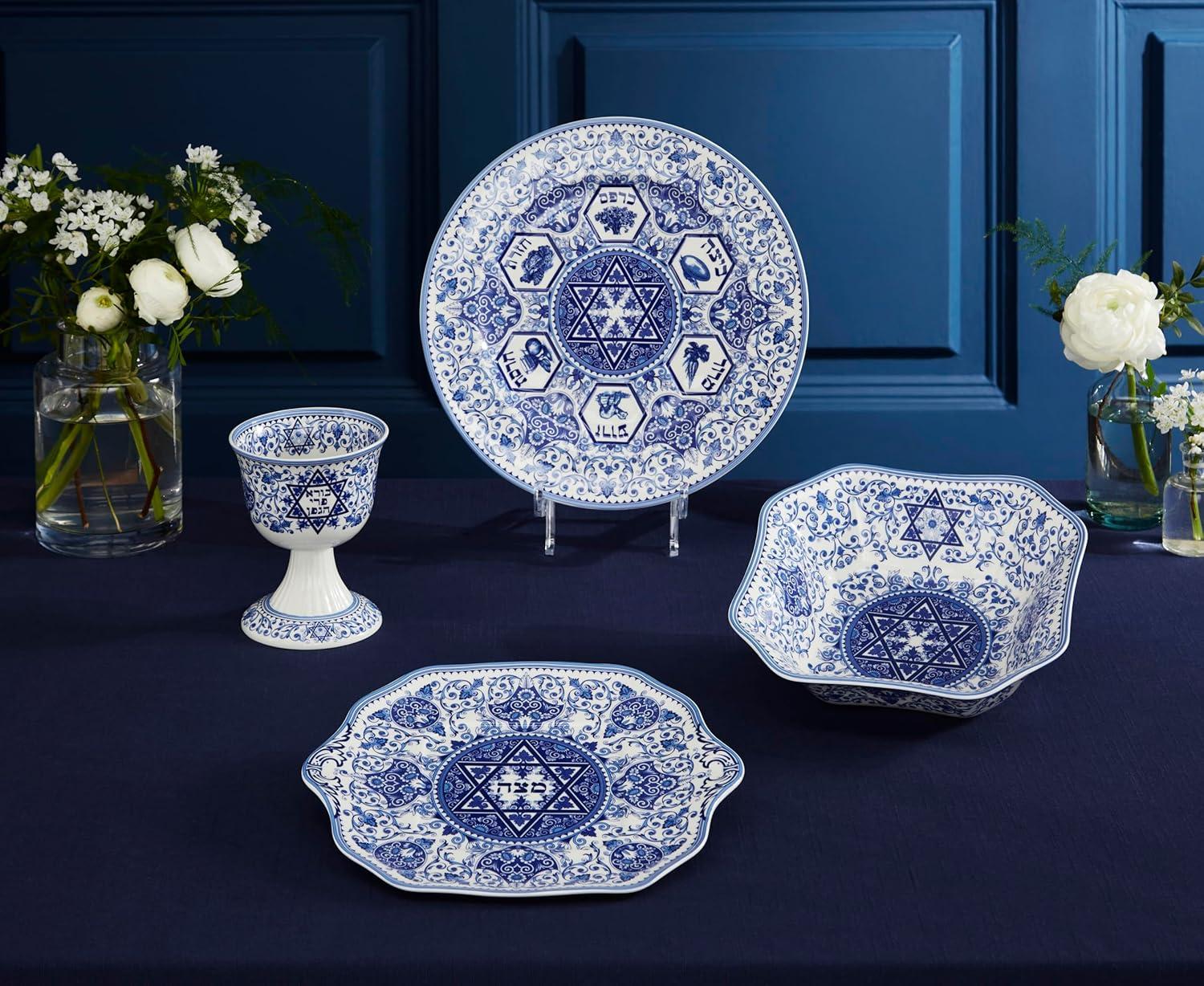 Traditional Blue and White Porcelain Kiddush Cup with Floral Motif