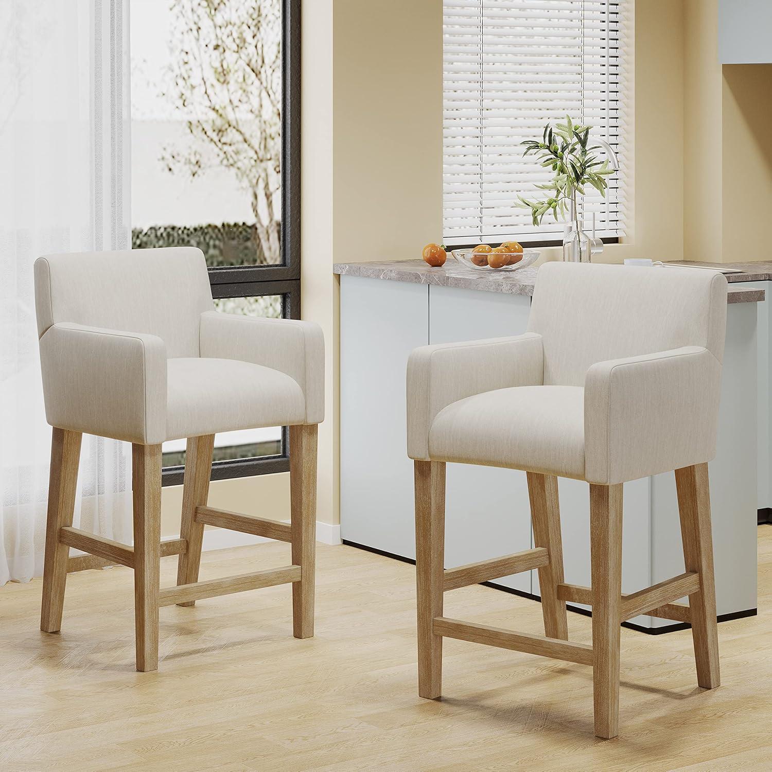 Beige Upholstered Wood 26 inch Counter Stools, Set of 2