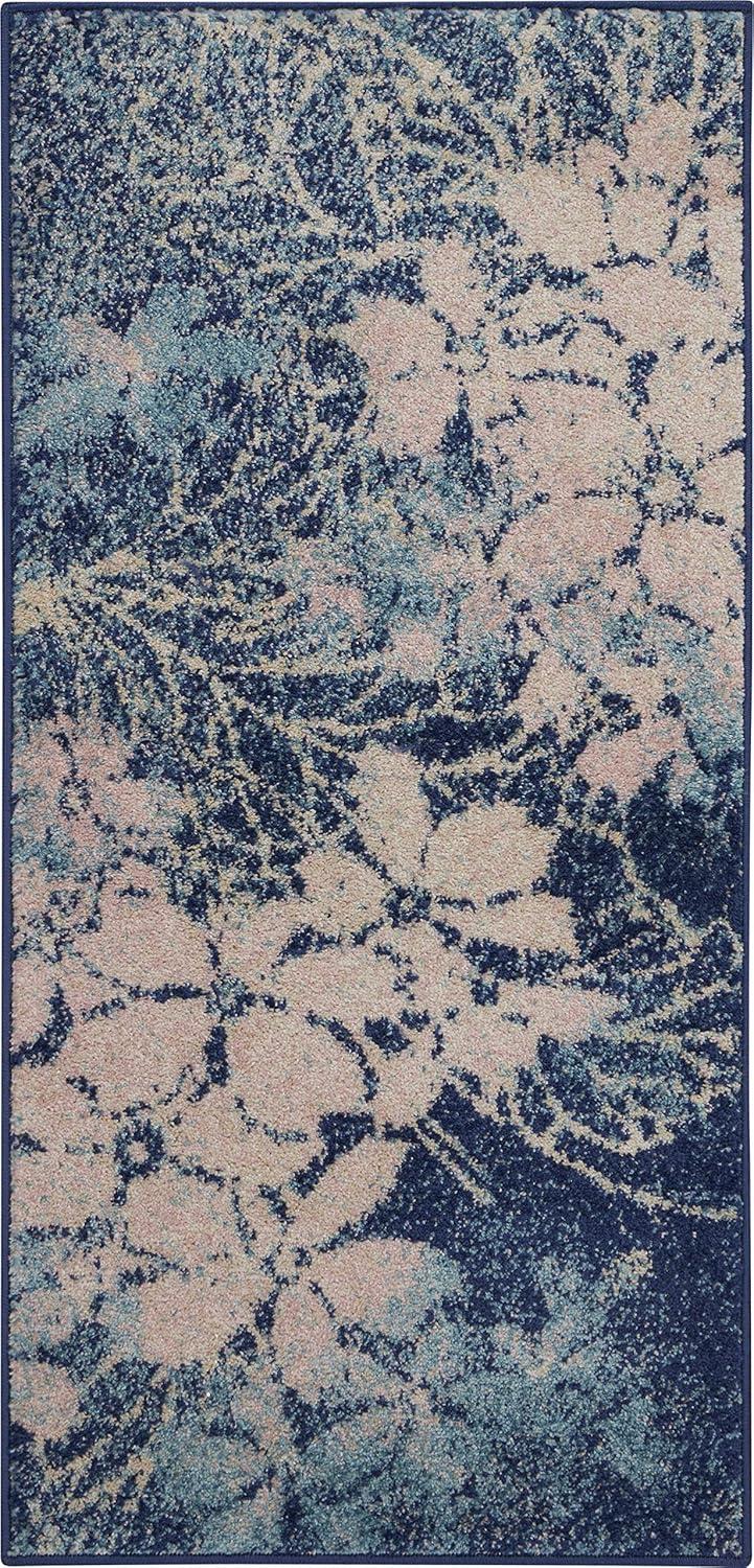 Navy & Pink Floral Viscose 2' x 4' Easy-Care Area Rug