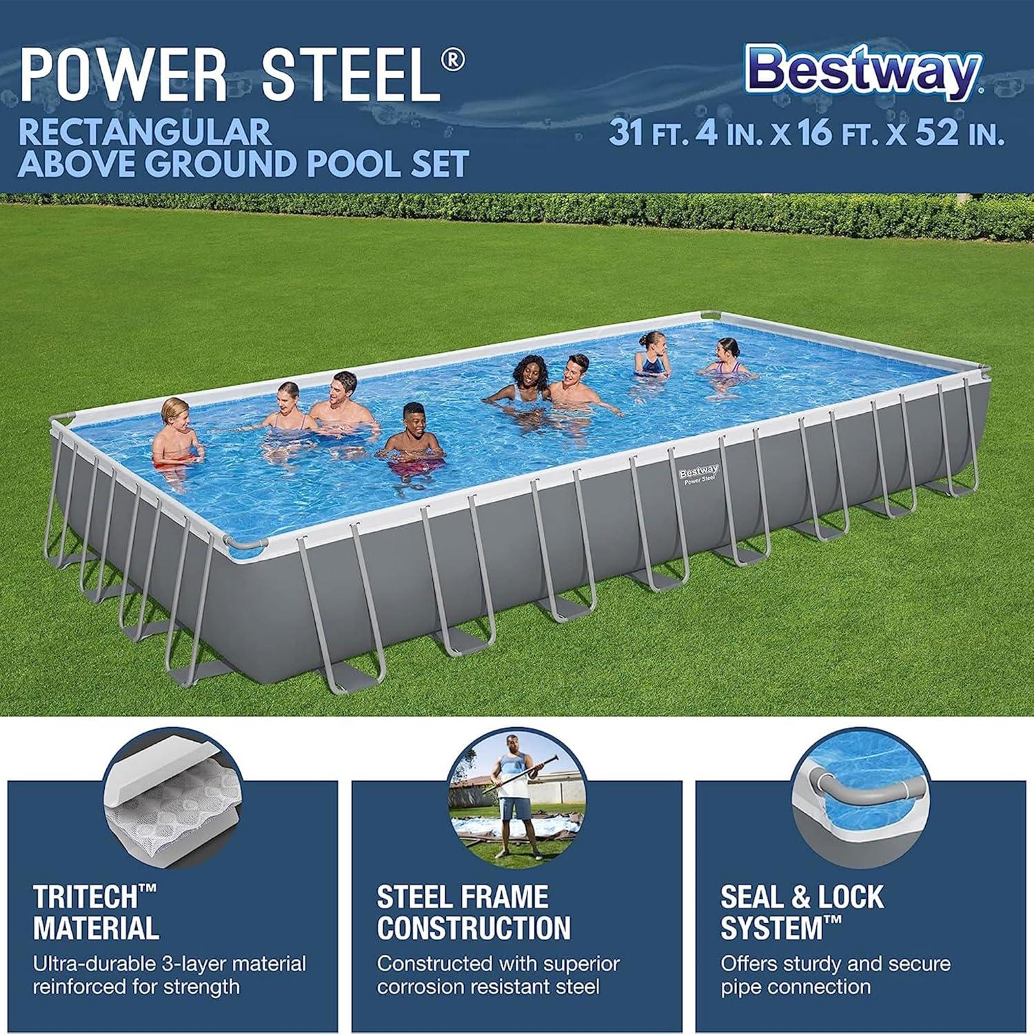 Bestway Power Steel Rectangular Metal Frame Above Ground Pool Set, Grey