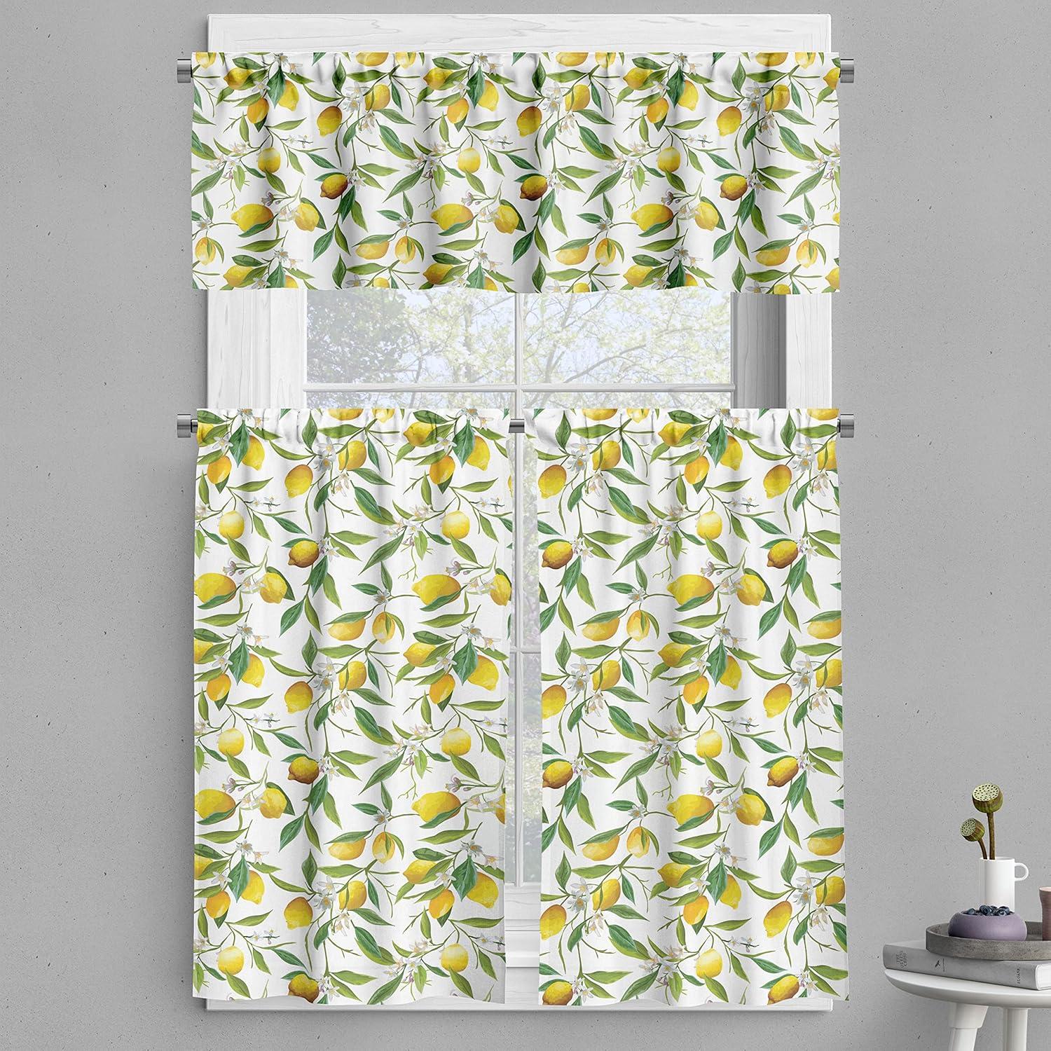 White and Yellow Lemon Print Polyester Kitchen Curtain Set