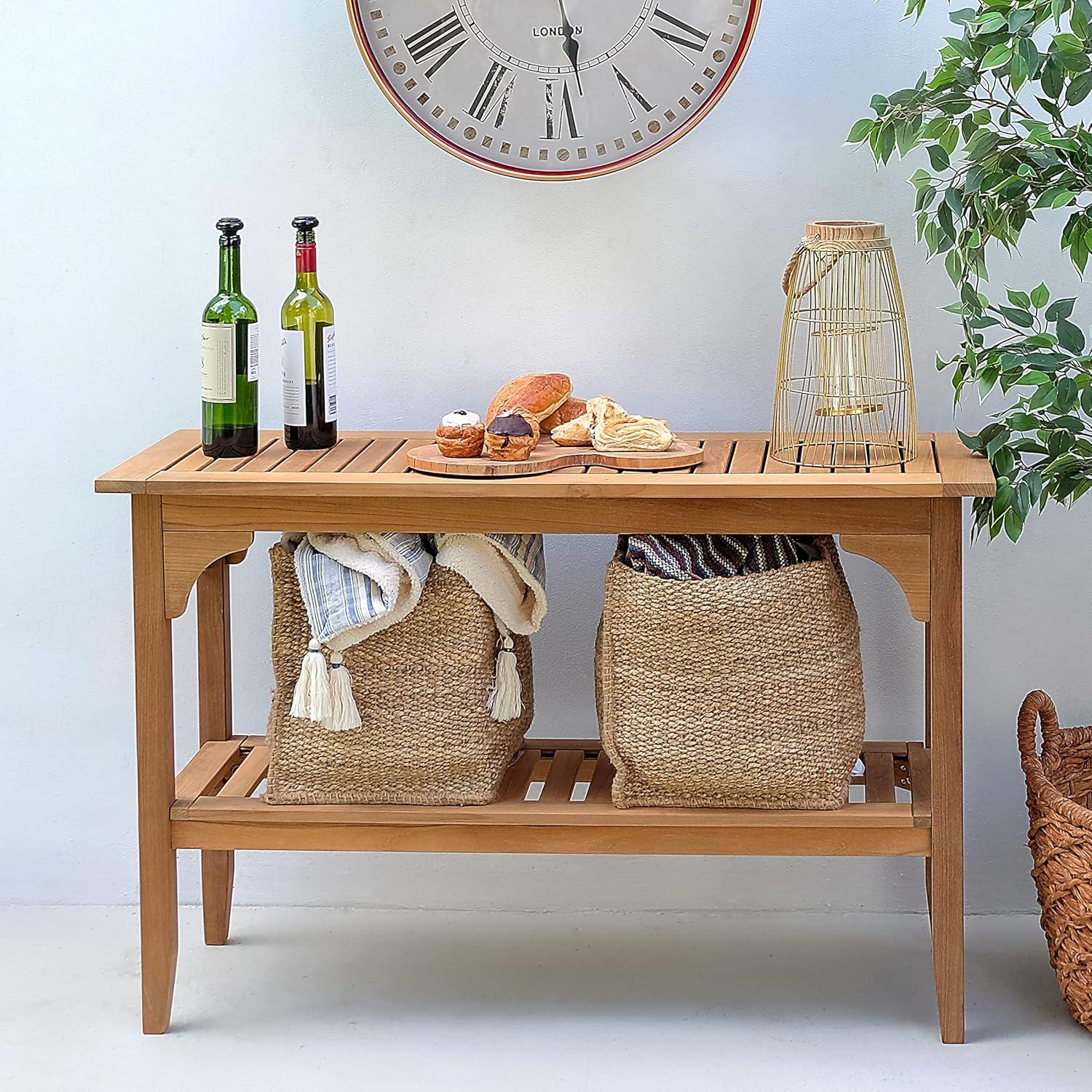 Natural Teak Outdoor Console Table with Lower Shelf