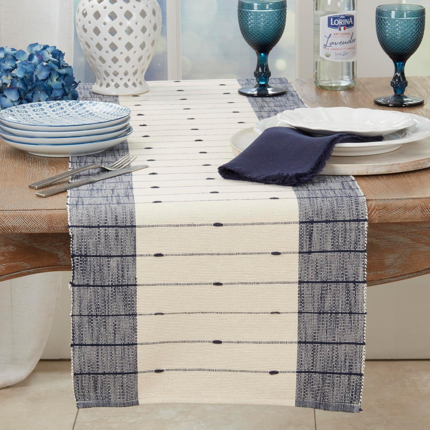 Cream and Navy Cotton Color Block Table Runner