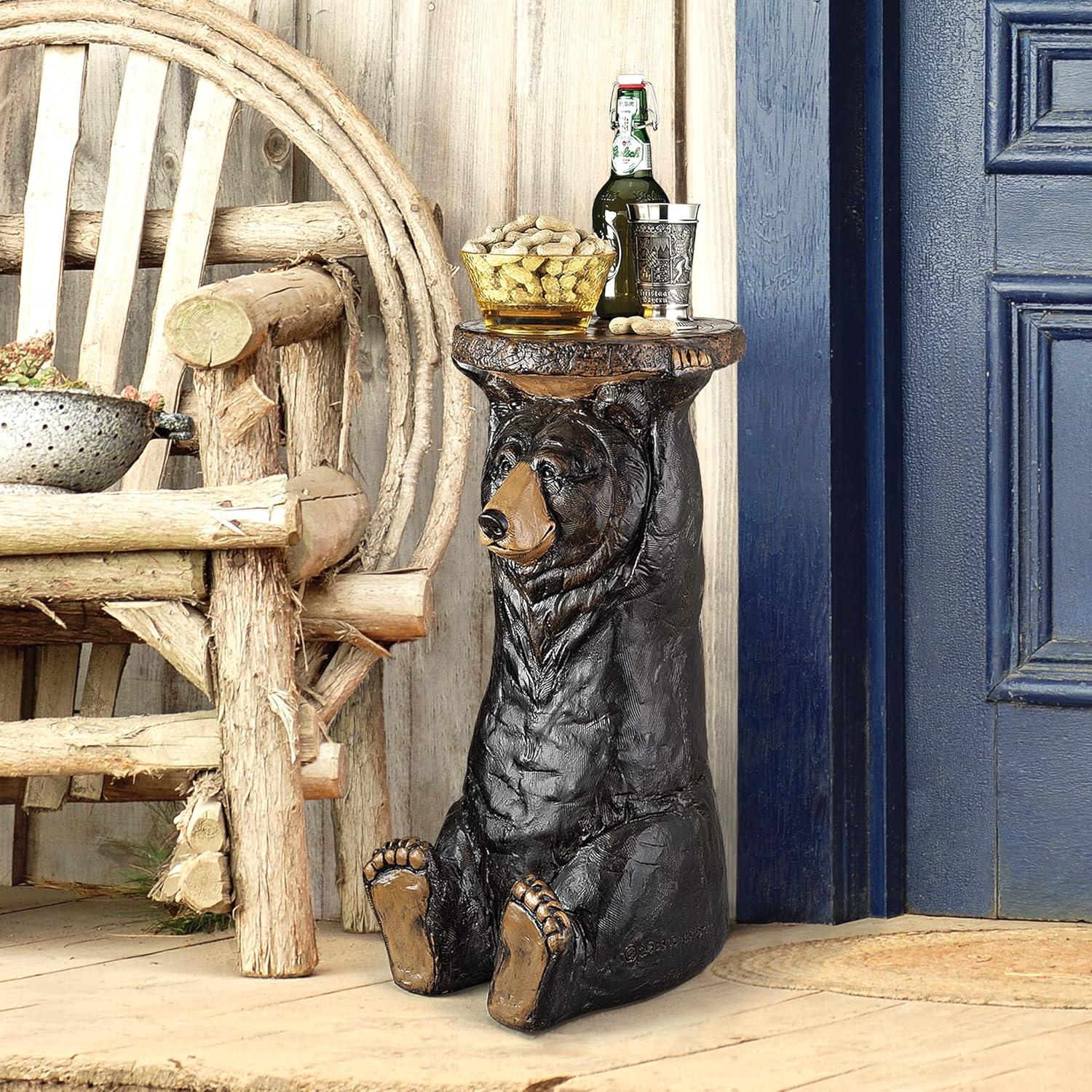 Rustic Black Bear Resin Pedestal Table, 24 Inches High