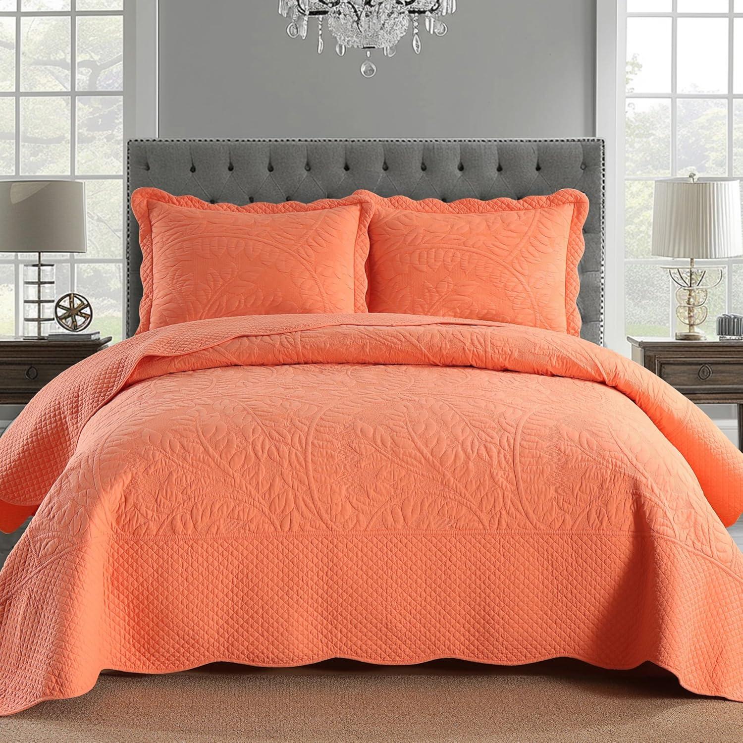 Salmon Cotton Embroidered Queen Size Quilt Bedspread Set