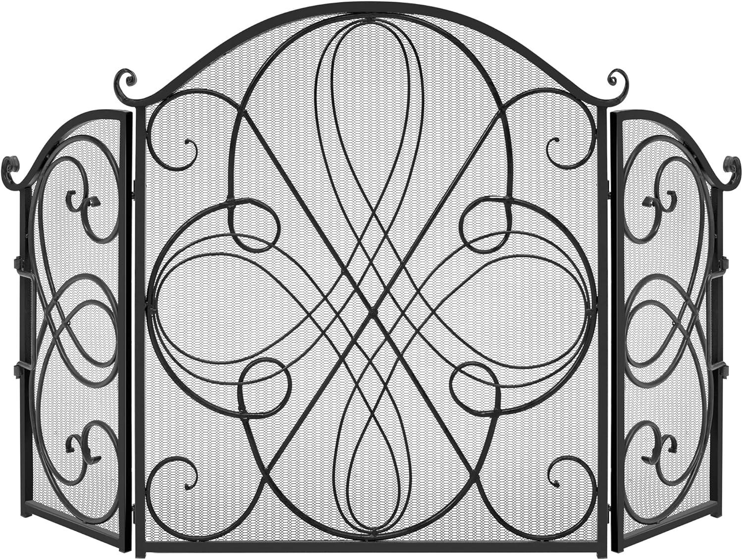 Lissowski 3-Panel 55"x33" Wrought Iron Fireplace Safety Screen Decorative Scroll Spark Guard Cover