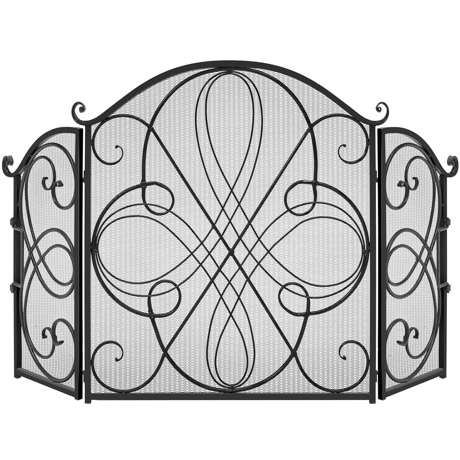 Winston Porter Lissowski 3-Panel 55"x33" Wrought Iron Fireplace Safety Screen Decorative Scroll Spark Guard Cover