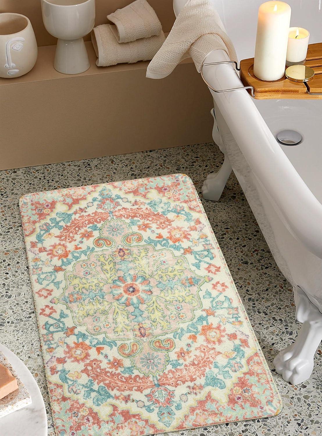 Moynesa 2'x3' Bohemian Area Rug, 2x3ft Small Boho Washable Bathroom Entryway Kitchen Rug,Floral Medallion Non Slip Pet Friendly Vintage Throw Carpet for Front Door Sink Living Room Bedroom, Orange