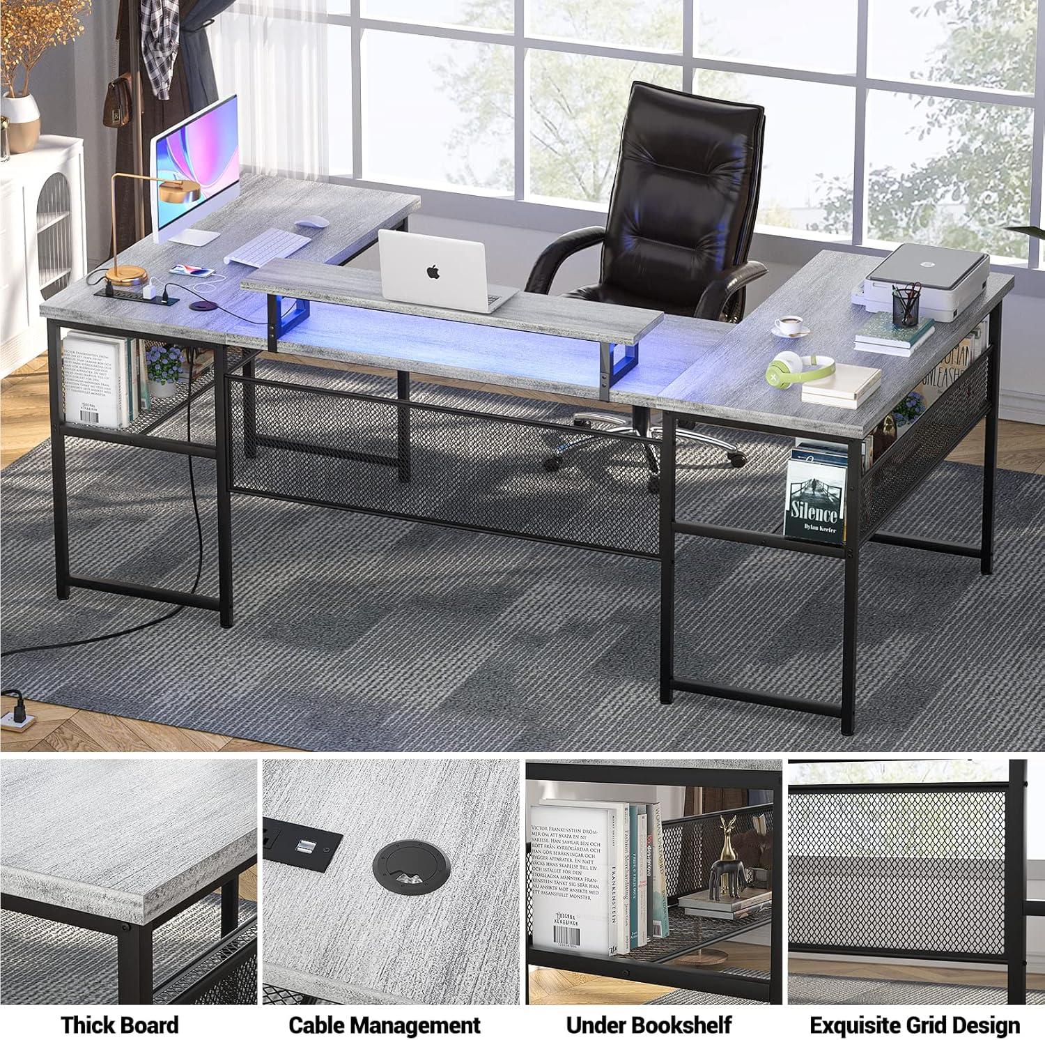 Unikito U Shaped Computer Desk with Power Outlet and LED Strip, Reversible L Shaped Office Desk with Monitor Stand and Bookshelf, Modern U- Shape Corner Desk, 130 Inch 2 Person Gaming Table, White Oak