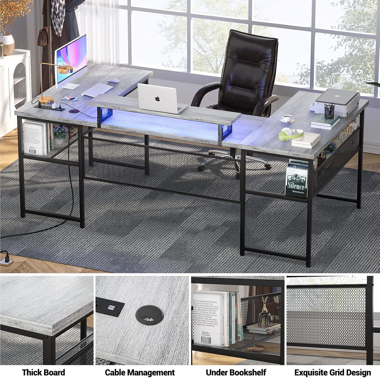 Unikito U Shaped Computer Desk with Power Outlet and LED Strip, Reversible L Shaped Office Desk with Monitor Stand and Bookshelf, Modern U- Shape Corner Desk, 130 Inch 2 Person Gaming Table, White Oak