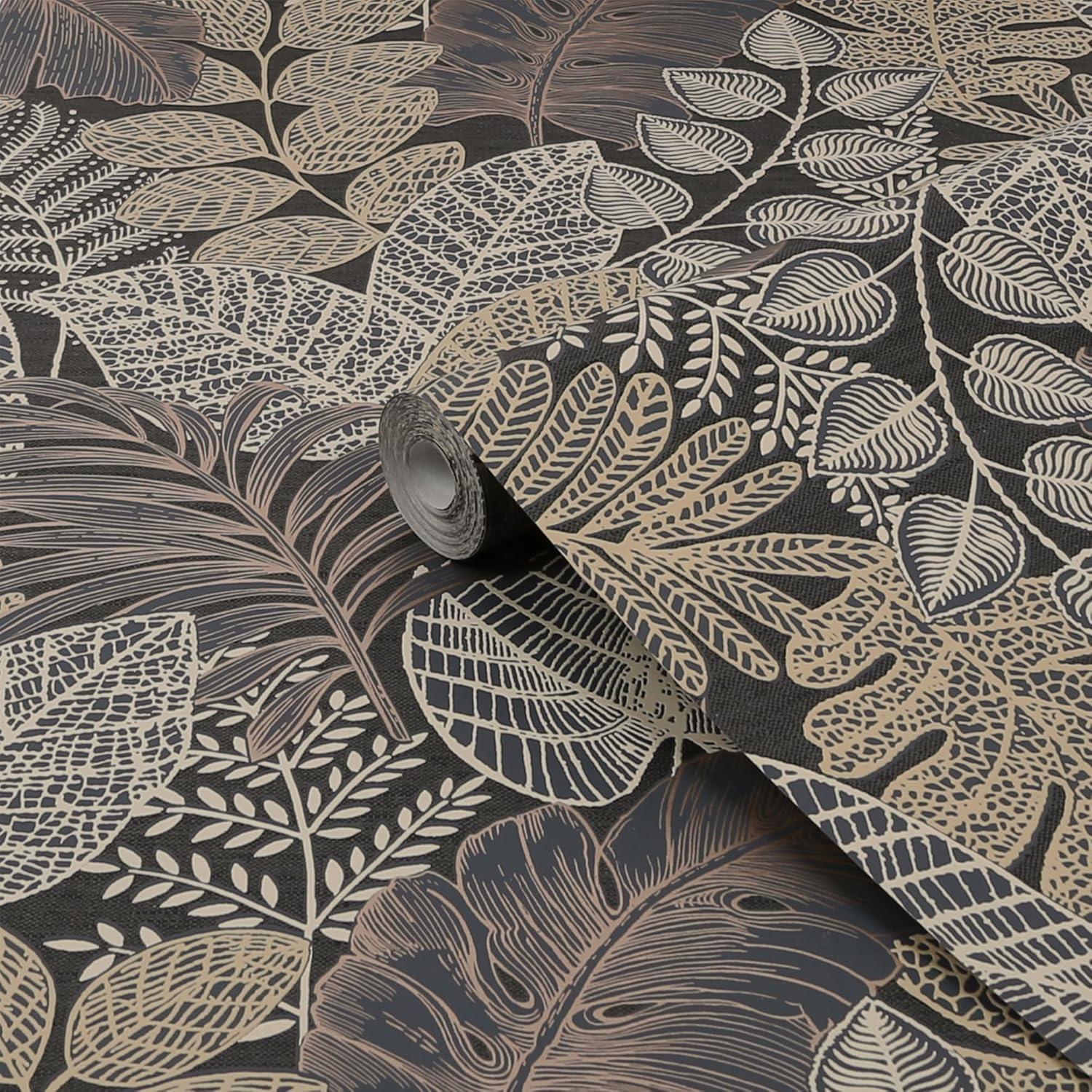Superfresco Easy Scattered Leaves Charcoal and Gold Wallpaper