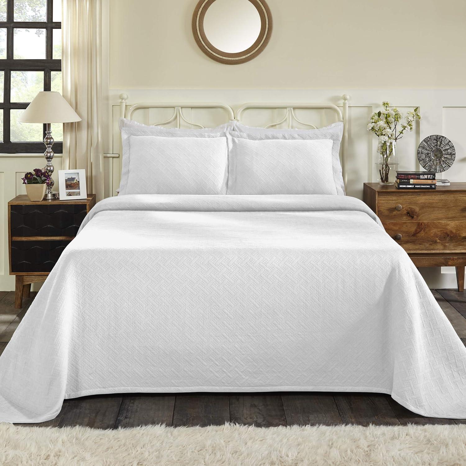 Jacquard Matelass 100% Cotton Basketweave 3-Piece Bedspread Set, Embossed Cotton Fabric, Soft, Breathable, Medium Weight, Basketweave, Oversized Bedding, King, White by Blue Nile Mills