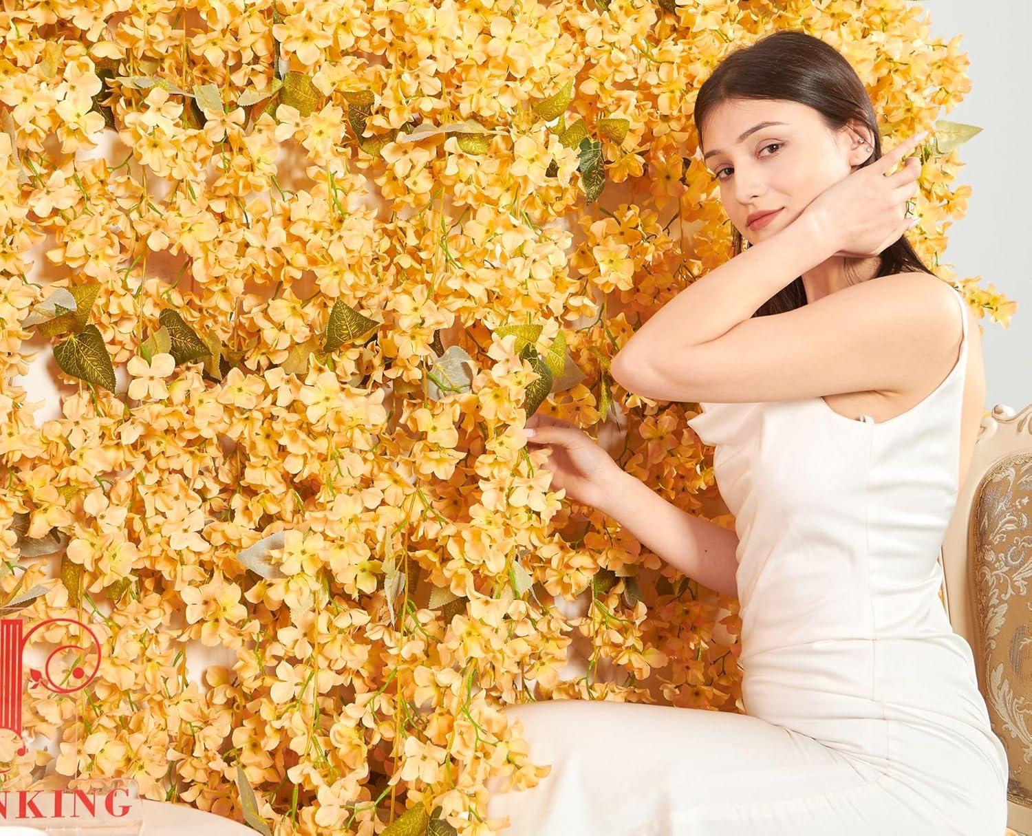 Flower Garland, Artificial Hydrangea Vine Flowers, Hanging Fake Hydrangeas Vine for Room Anniversary Wedding Birthday Christmas Wall Arch Decor, 2 Pcs, Floral Garland, Champagne Flower