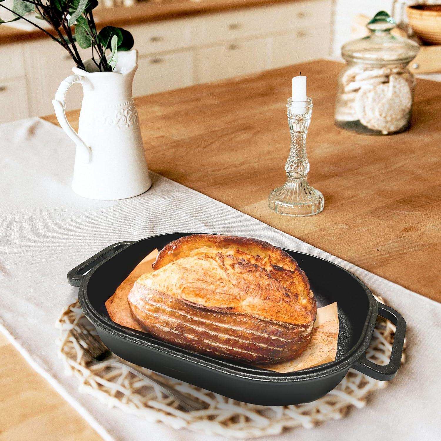 Large Oval Black Cast Iron Loaf Pan with Lid