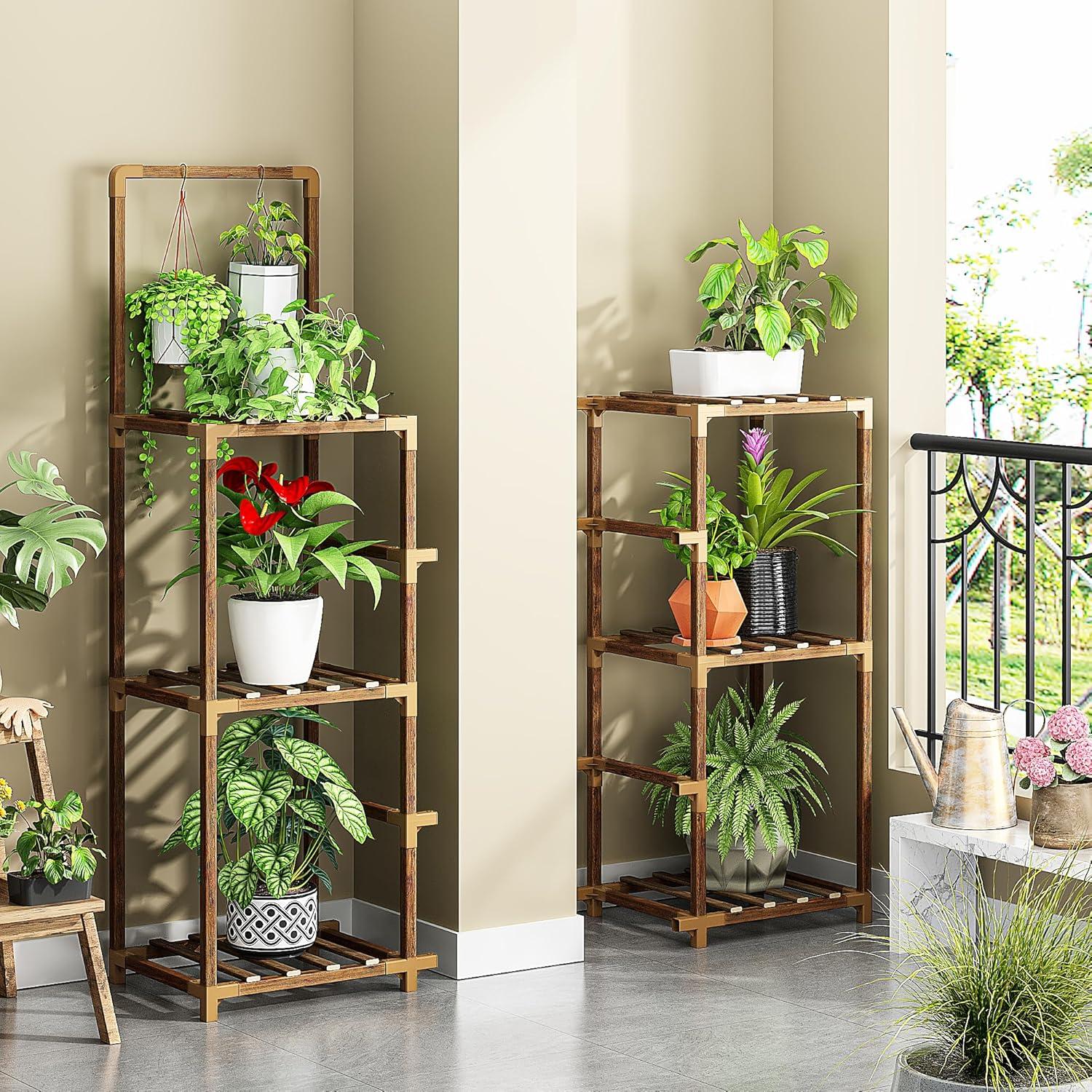 EnHomee Plant Stand Indoor Large Plant Stand Outdoor 5 Tiers Wood Tiered Plants Shelf for Multiple Plants with 10-15 Potted 34.3" W x 11.8" D x 47.2" H