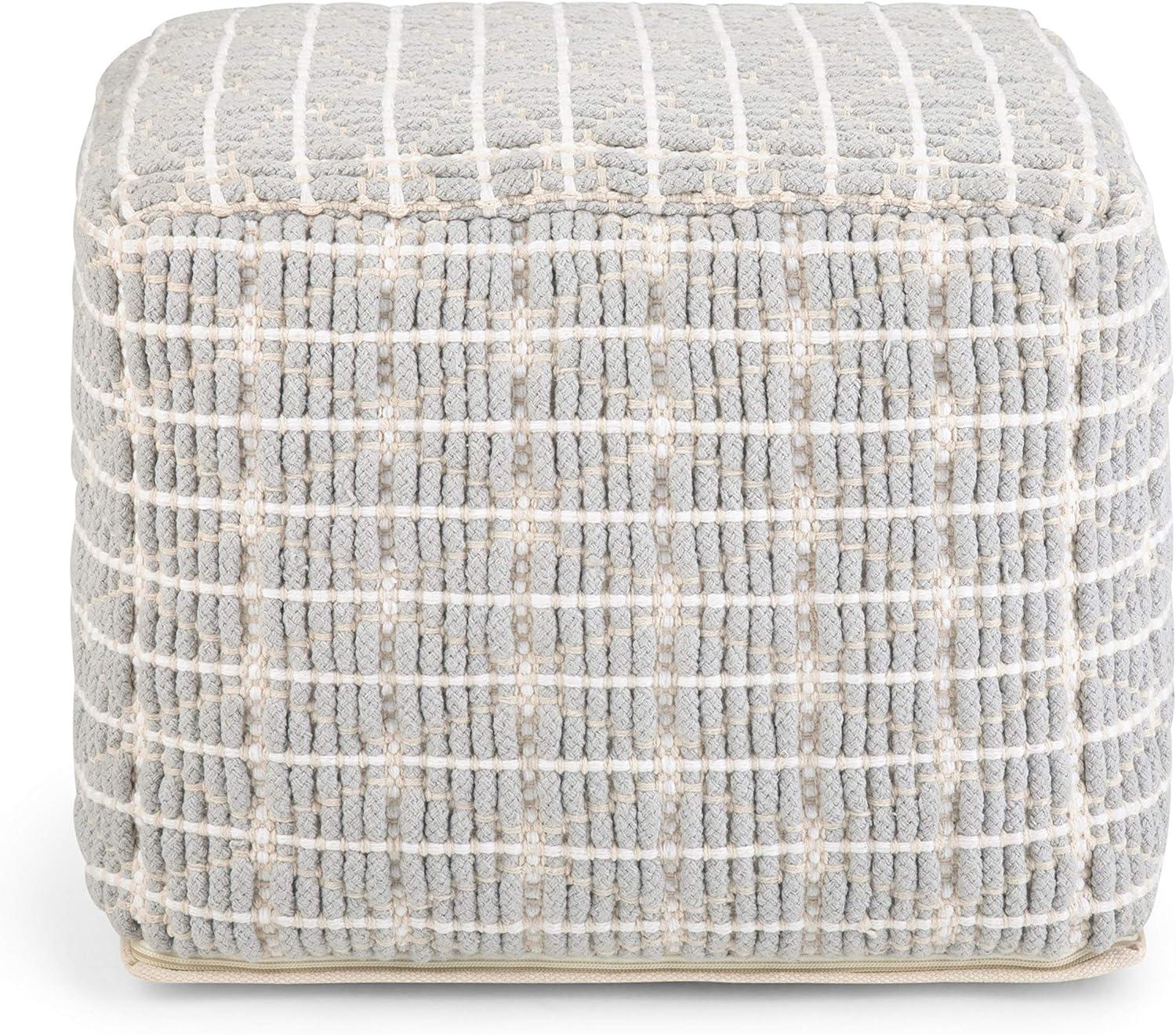 Noreen Light Blue and White Handloom Woven Square Pouf