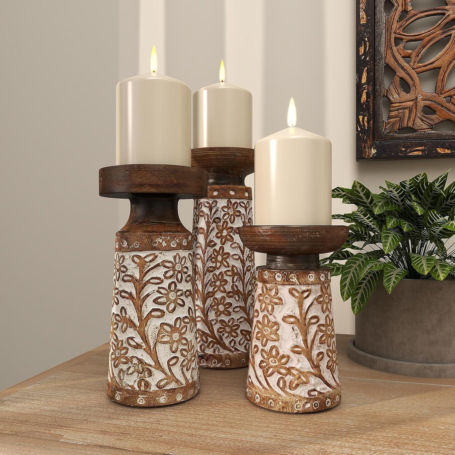 DecMode 3 Candle Brown Mango Wood Handmade Floral Carved Pillar Candle Holder with Cream Accents, Set of 3