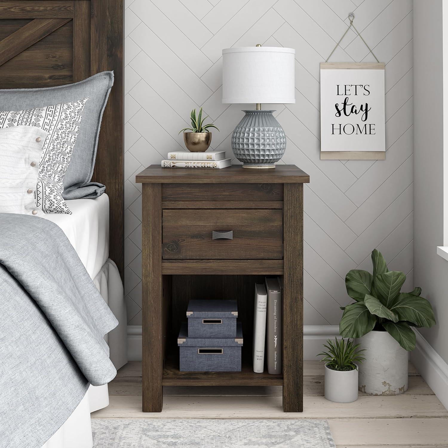 Rustic Pine Brown 1-Drawer Nightstand with Storage Shelf