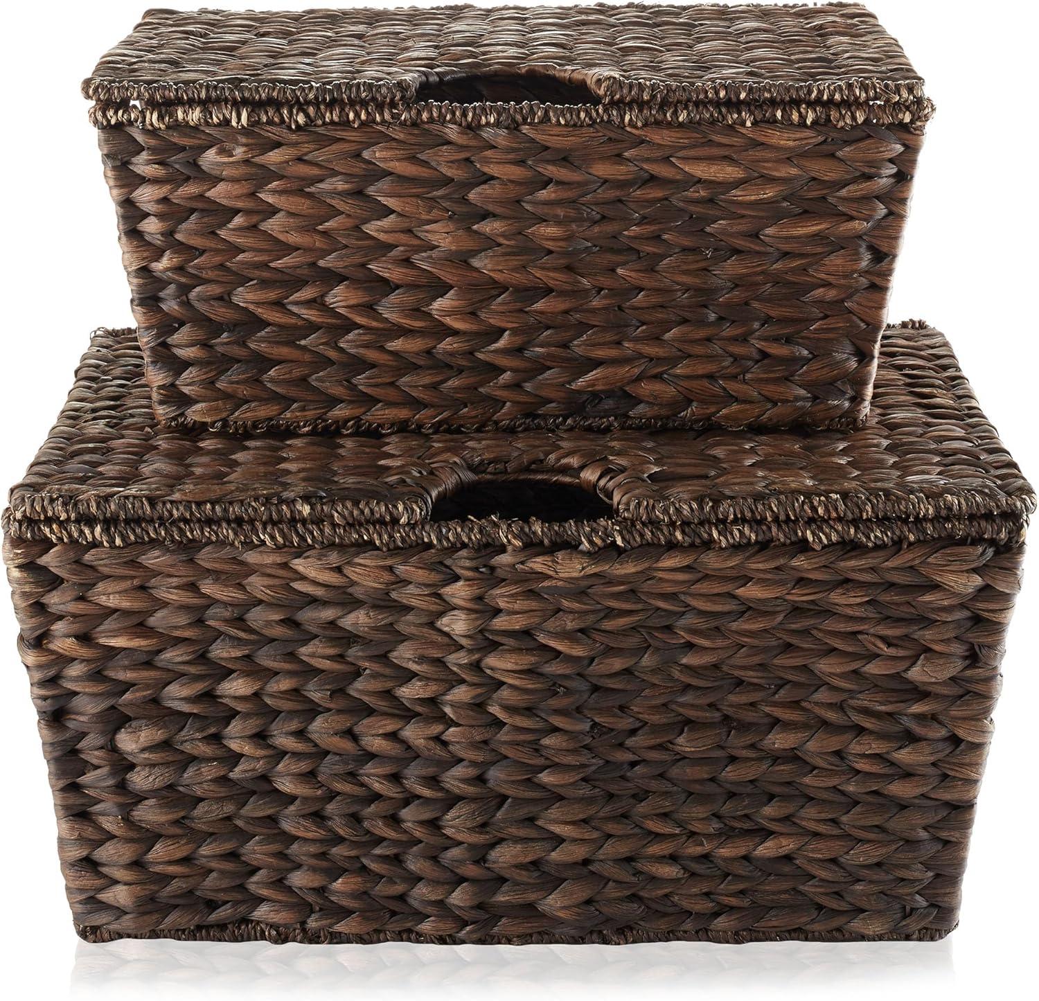 Casafield Water Hyacinth Lidded Storage Basket Sets,  Multipurpose Organizer Totes with Tapered Bottoms