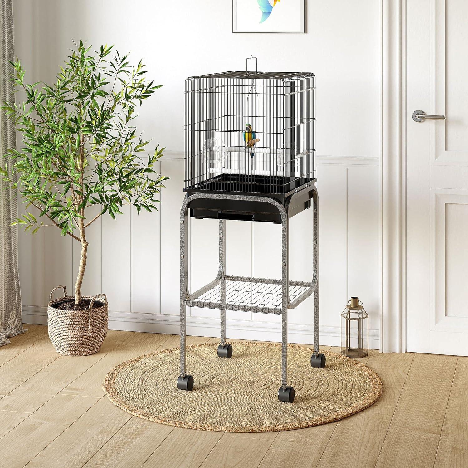 PawHut 44.5" Metal Indoor Bird Cage Starter Kit With Detachable Rolling Stand, Storage Basket, And Accessories - Black