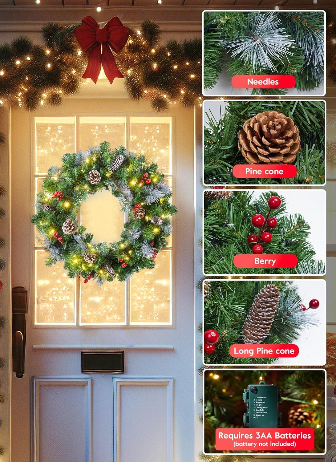 24'' Faux Pine Lighted Wreath