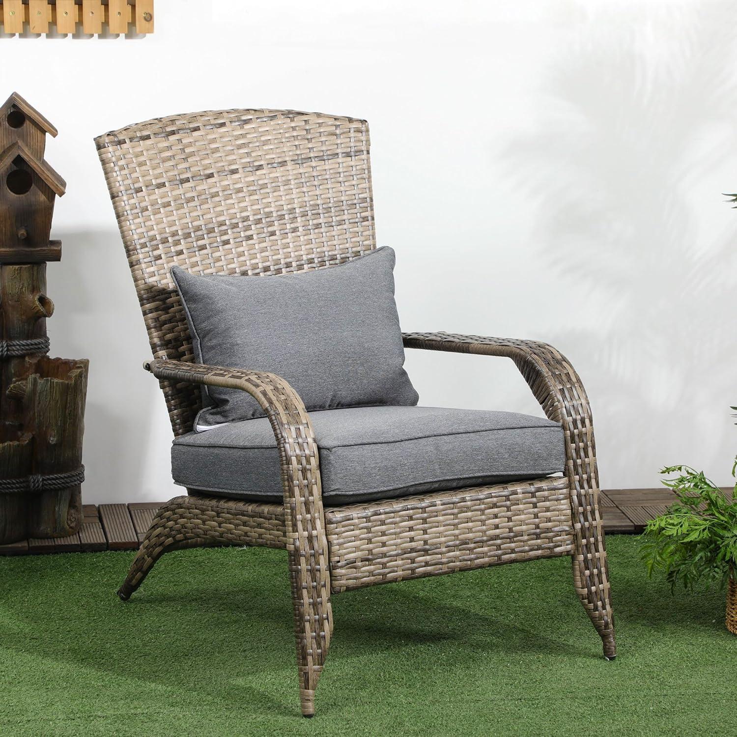 Outsunny Patio Adirondack Chair with All-Weather Rattan Wicker, Soft Cushions, Tall Curved Backrest for Deck or Garden, Light Gray