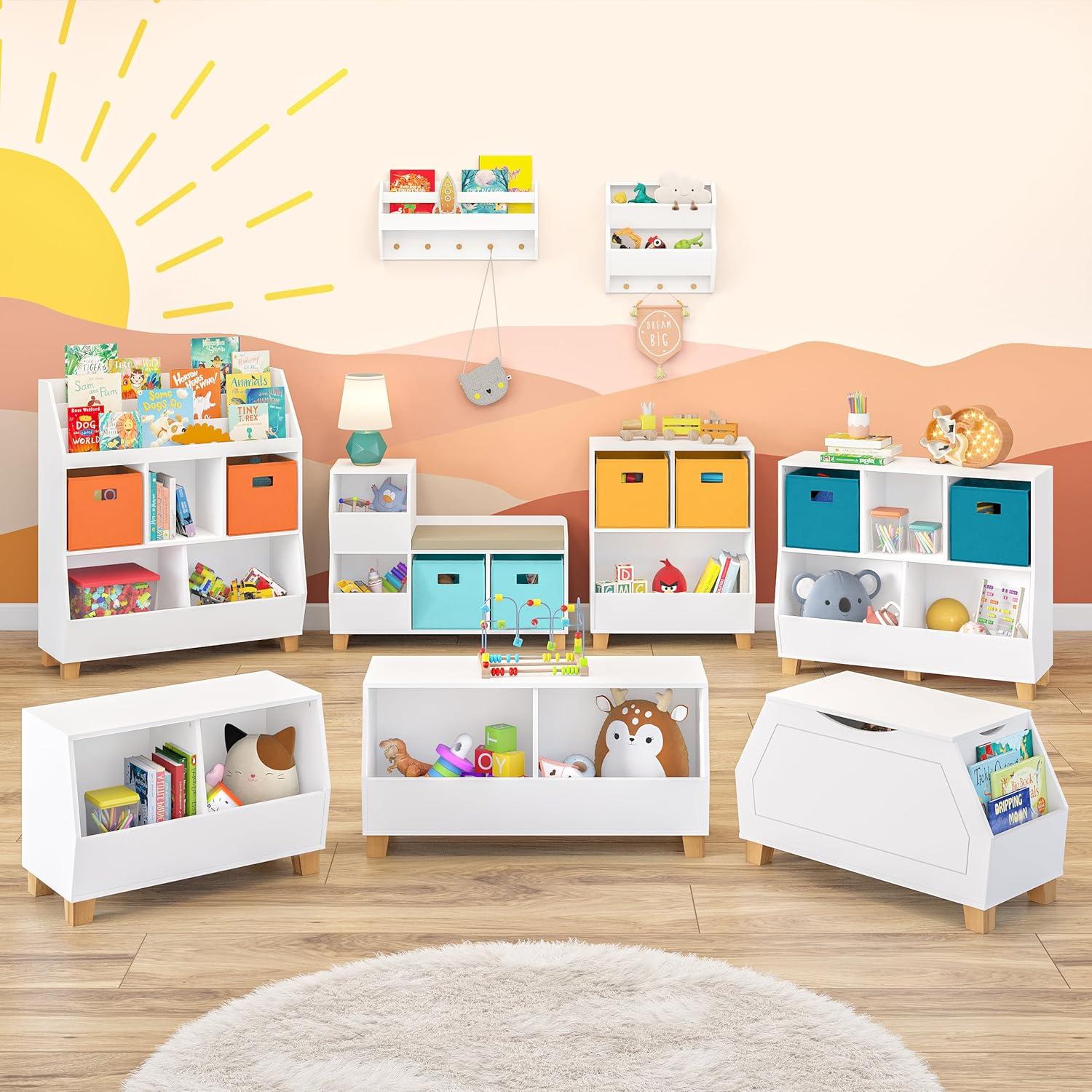 White Wooden Kids Toy Organizer with Cubby Storage