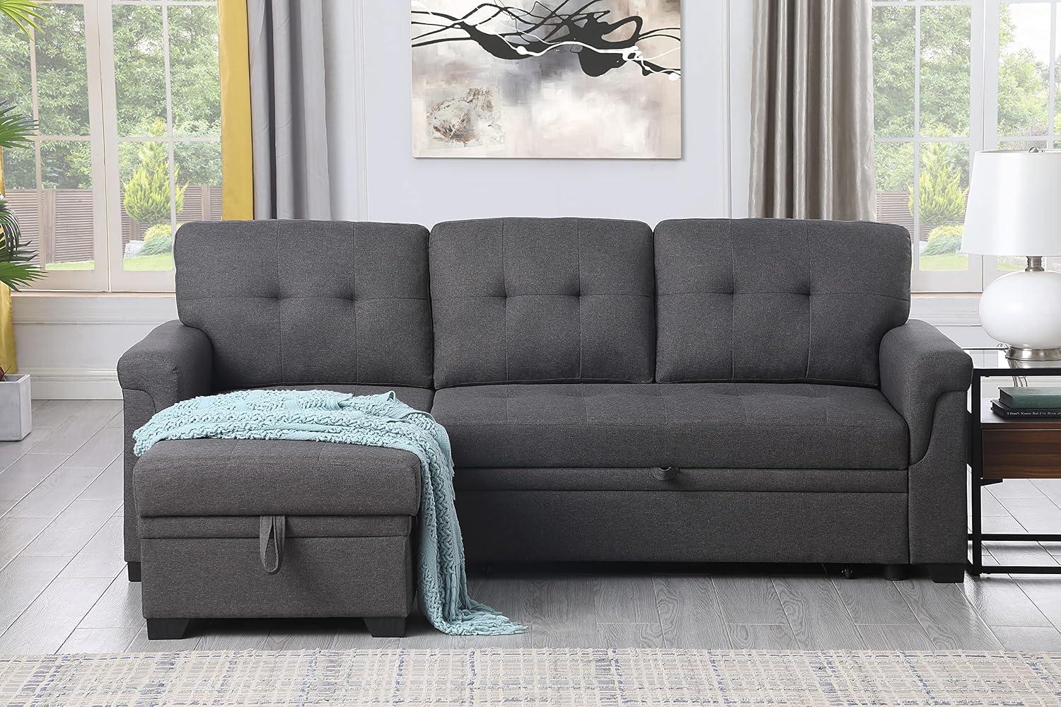 Lucca Dark Gray Linen Tufted Sectional Sofa with Storage Chaise