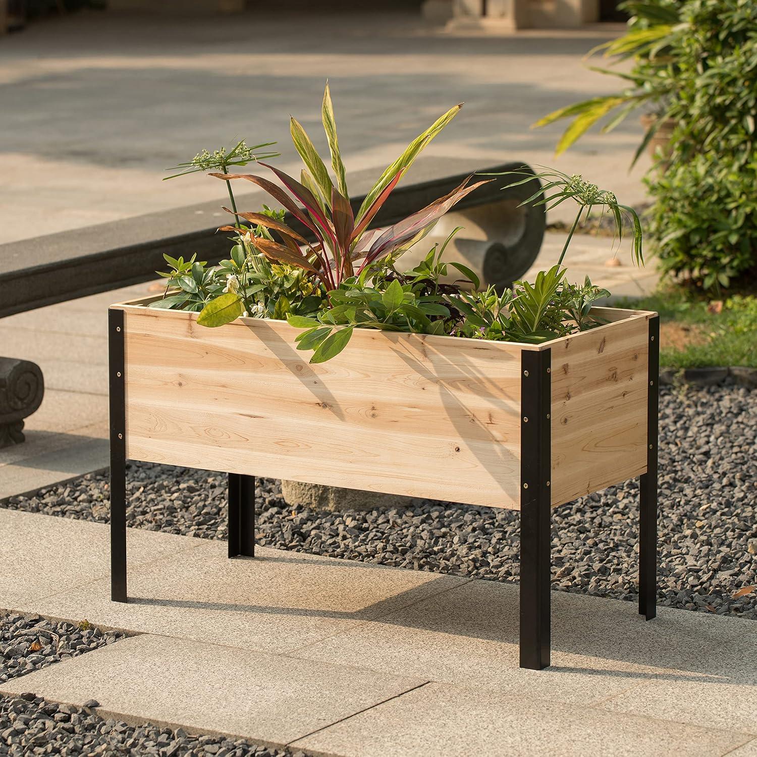 Elevated Solid Wood & Steel Outdoor Rectangular Planter, Natural