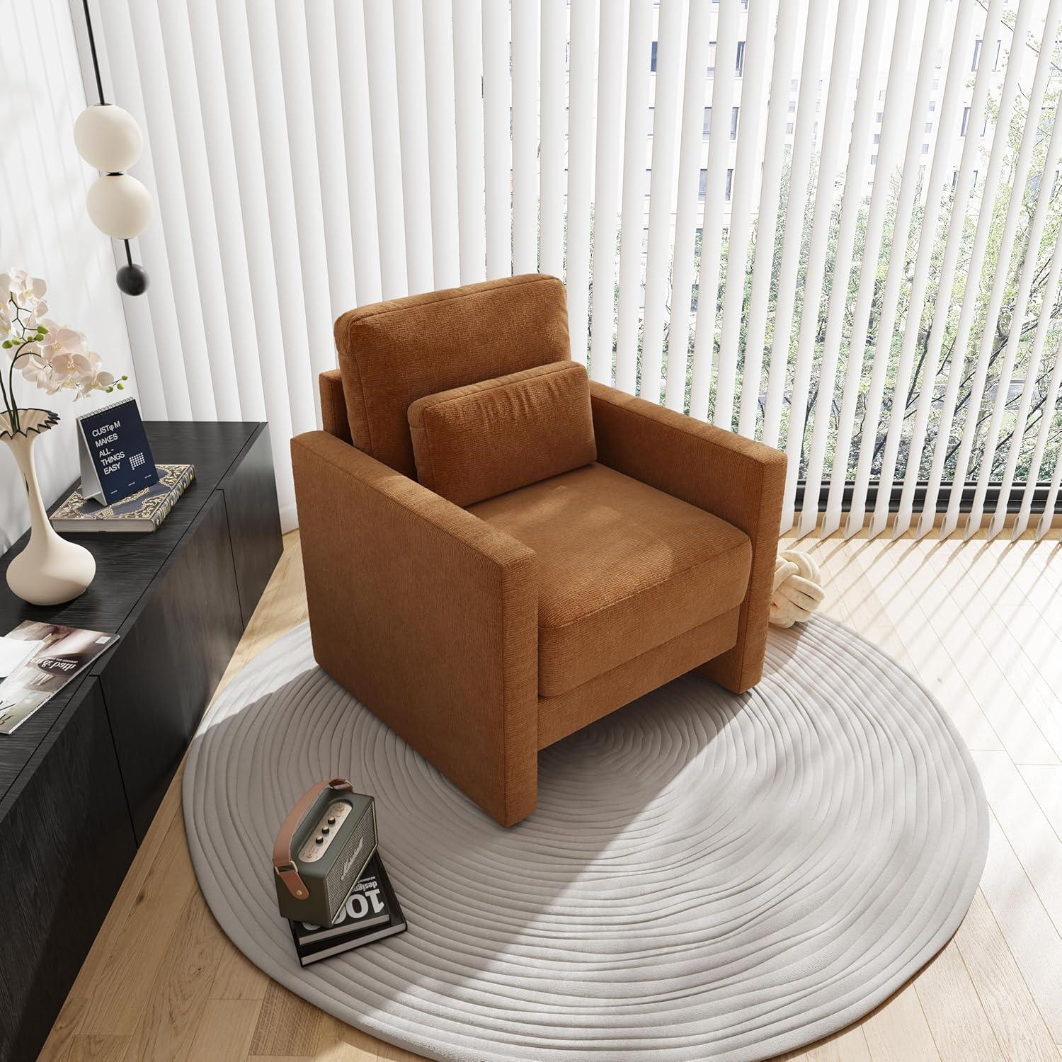 Mid-Century Modern Chenille Fabric Armchair, Orange, Comfy Single Sofa Vanity Chair with Pillow & Armrest, Living Room, Bedroom, Office