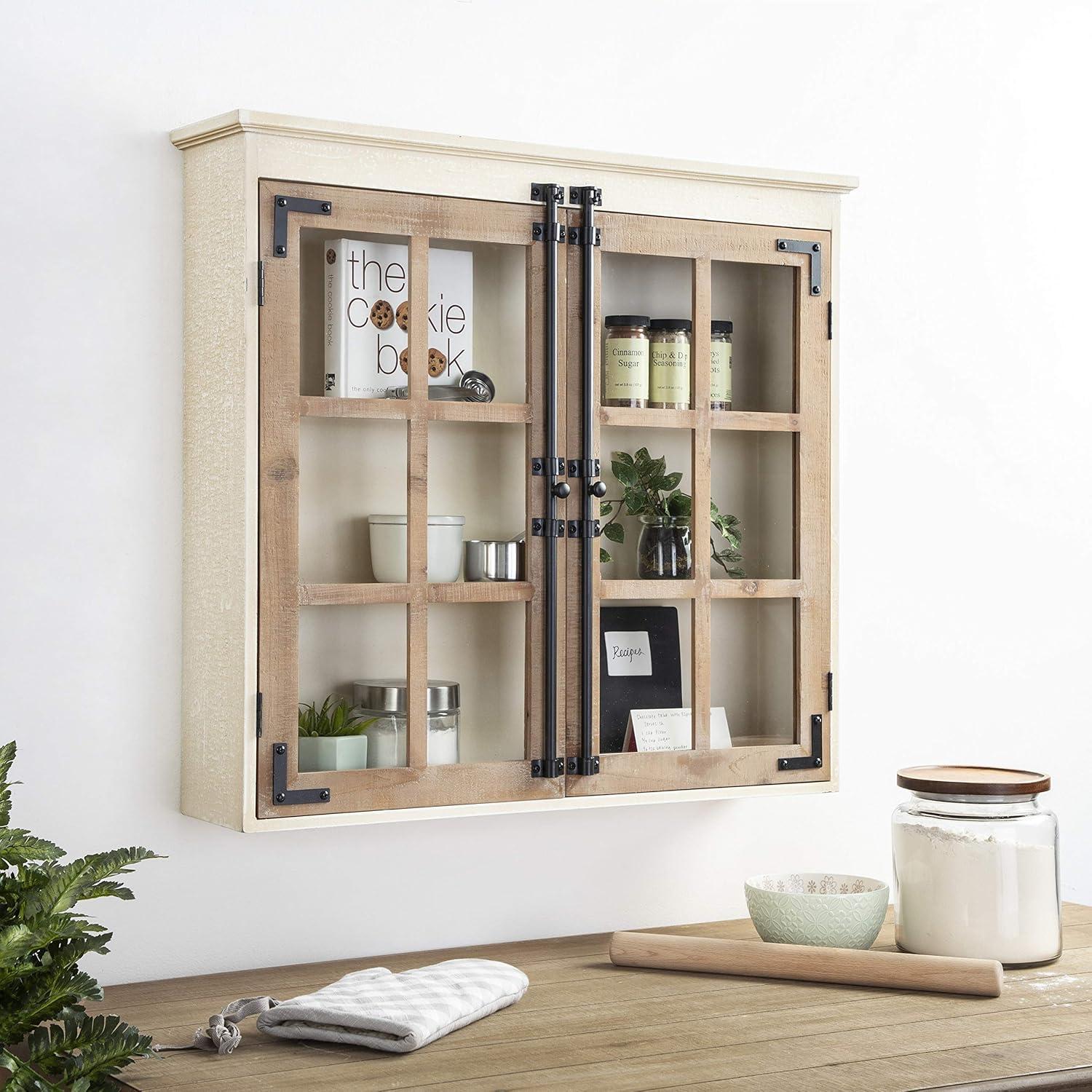 White and Brown Farmhouse Wood Wall Cabinet with Glass Doors