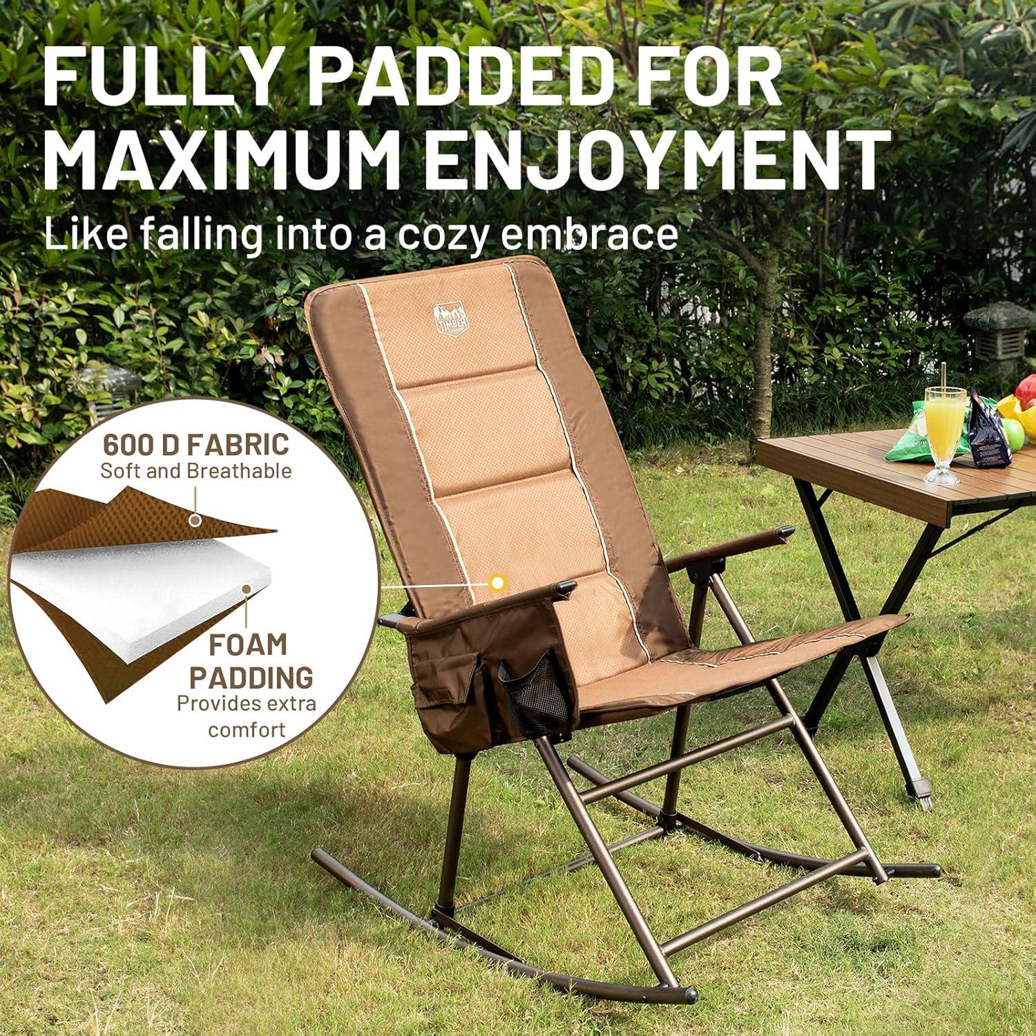 TIMBER RIDGE Folding Rocking Camping Chair, Padded High Back Outdoor Rocking Chair with Side Pocket, Portable Rocker Lawn Chairs for Adults, Heavy Duty Supports 300 LBS, Brown-1 Pack