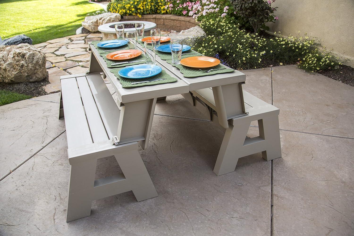 Transformable Tan Outdoor Bench-to-Table Resin Combo