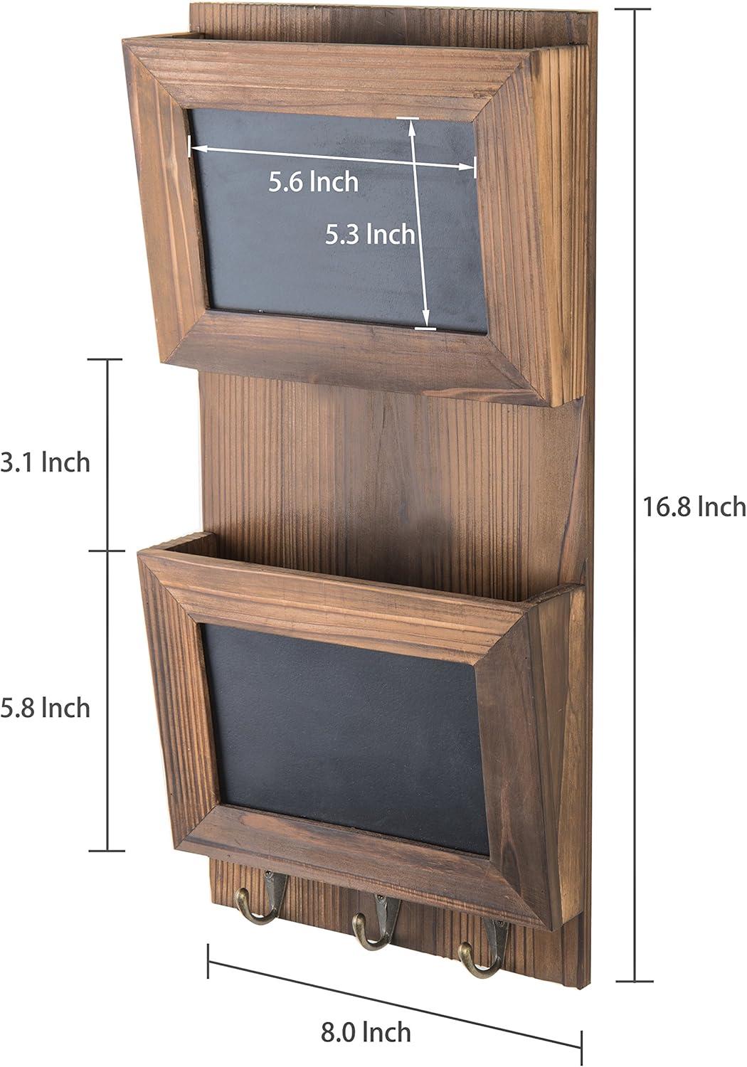 MyGift Rustic Wood Wall-Mounted 2-Slot Mail Sorter Organizer with Chalkboard Surface and 3 Key Hook Rack