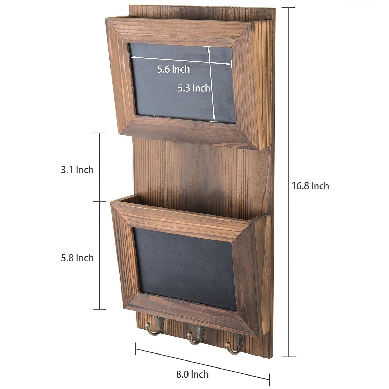 MyGift Rustic Wood Wall-Mounted 2-Slot Mail Sorter Organizer with Chalkboard Surface and 3 Key Hook Rack